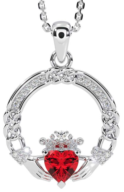 Diamond Ruby White Gold Celtic Claddagh Necklace