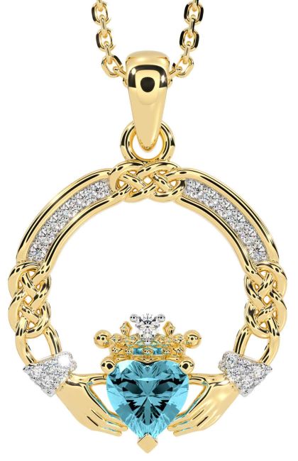 Diamond Aquamarine Gold Celtic Claddagh Necklace