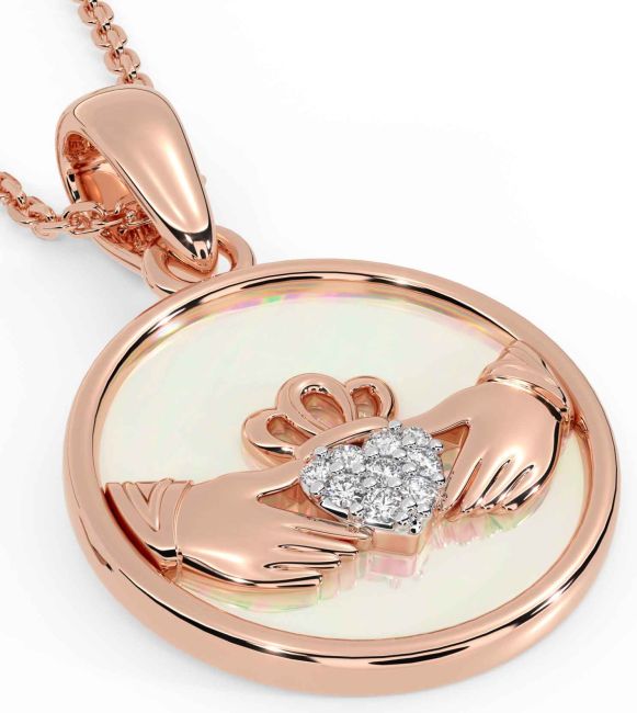 Diamond Rose Gold Silver Claddagh Pearl Necklace