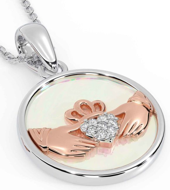 Diamond Rose Gold Silver Claddagh Pearl Necklace