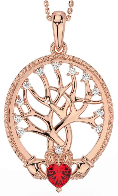 Diamond Ruby Rose Gold Silver Claddagh Tree of Life Necklace