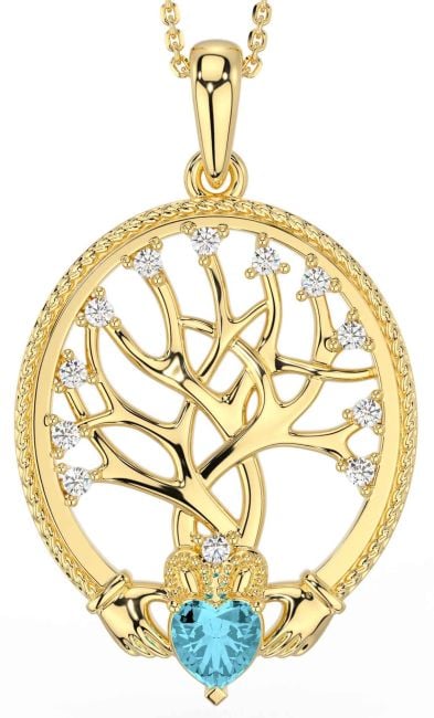 Diamond Aquamarine Gold Claddagh Tree of Life Necklace