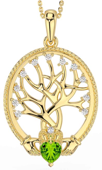 Diamond Peridot Gold Claddagh Tree of Life Necklace
