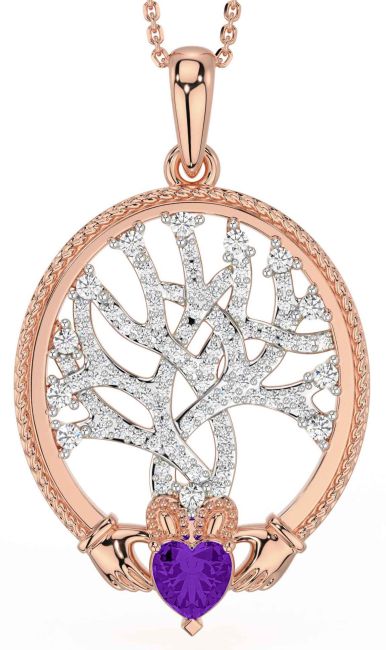 Diamond Amethyst Rose Gold Claddagh Celtic Tree of Life Necklace
