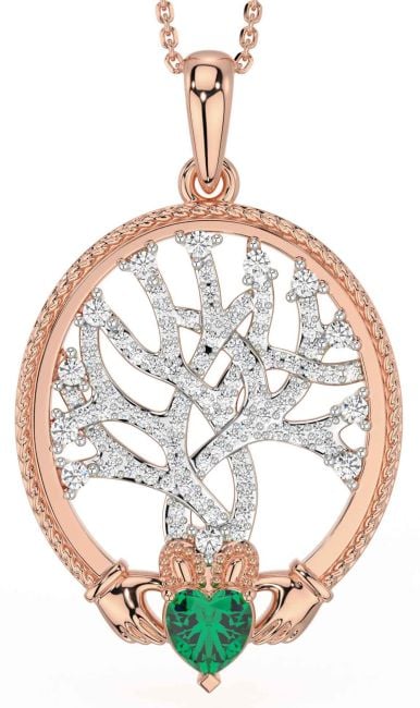 Diamond Emerald Rose Gold Claddagh Celtic Tree of Life Necklace