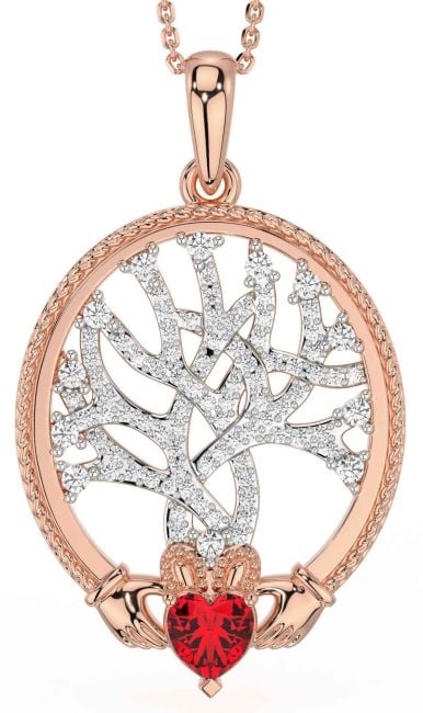 Diamond Ruby Rose Gold Claddagh Celtic Tree of Life Necklace