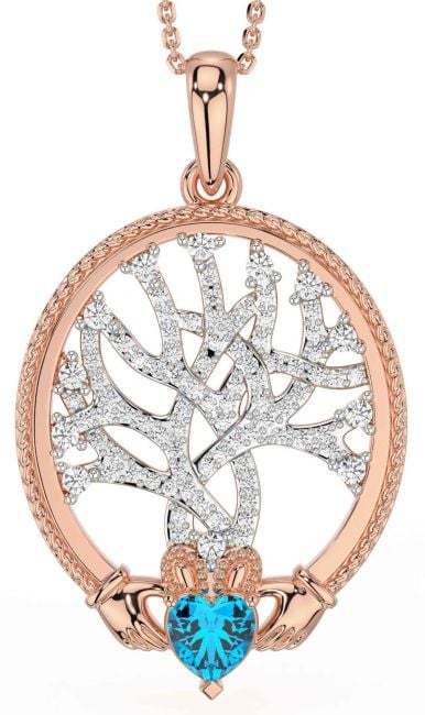 Diamond Topaz Rose Gold Claddagh Celtic Tree of Life Necklace