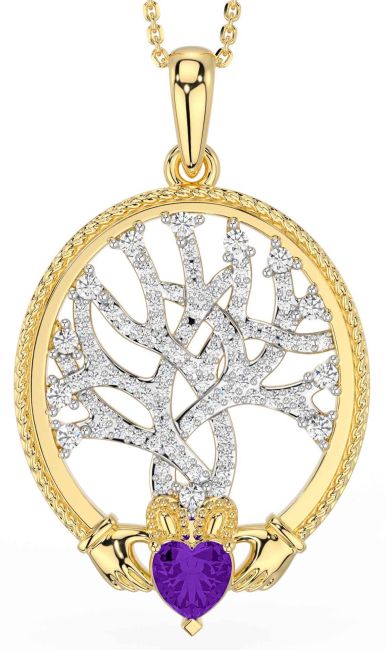 Diamond Amethyst Gold Claddagh Celtic Tree of Life Necklace