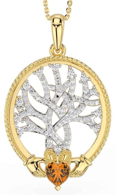 Diamond Citrine Gold Claddagh Celtic Tree of Life Necklace