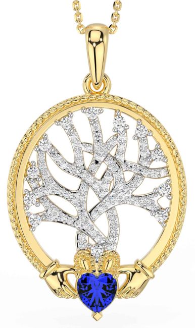 Diamond Sapphire Gold Claddagh Celtic Tree of Life Necklace