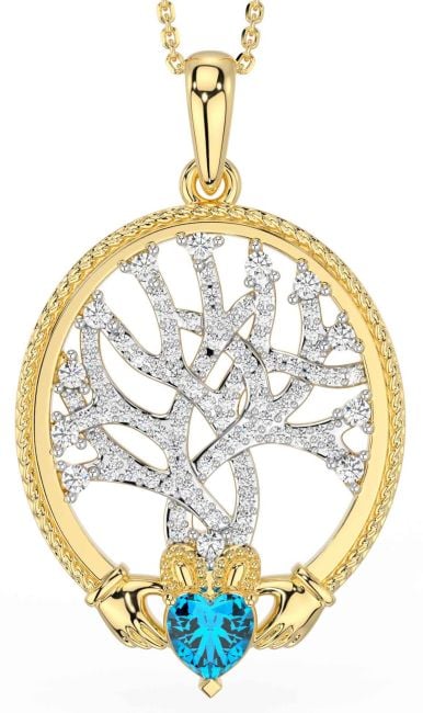 Diamond Topaz Gold Claddagh Celtic Tree of Life Necklace