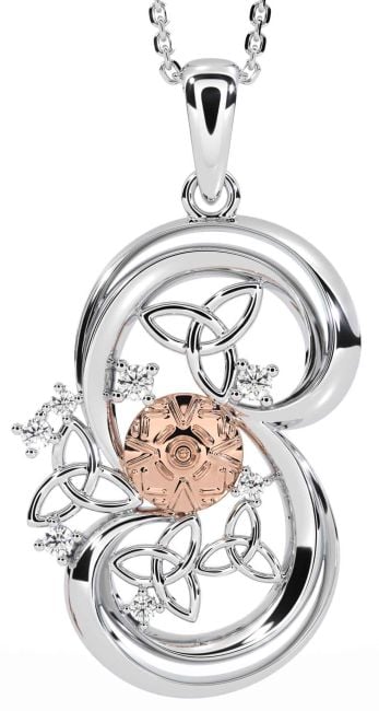 Diamond Rose Gold Silver Celtic Warrior Trinity Knot Necklace