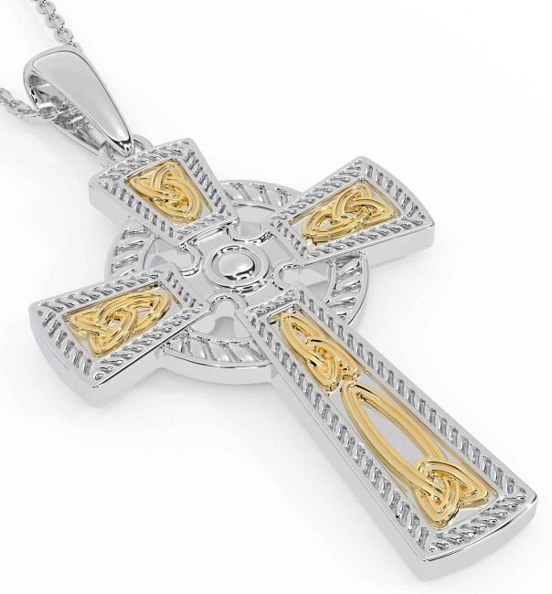 White Yellow Gold Celtic Cross Trinity Knot Necklace