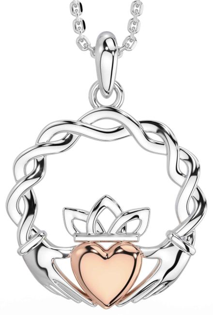 Rose Gold Silver Celtic Claddagh Necklace