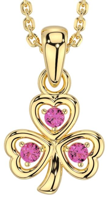 Pink Tourmaline Gold Silver Shamrock Necklace