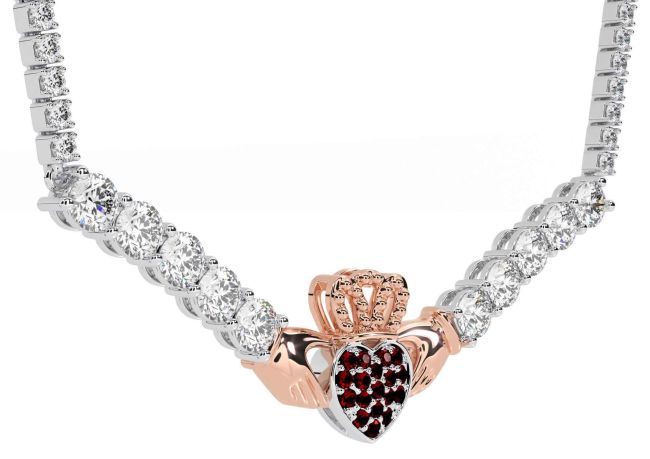 Diamond Garnet Rose Gold Silver Claddagh Necklace