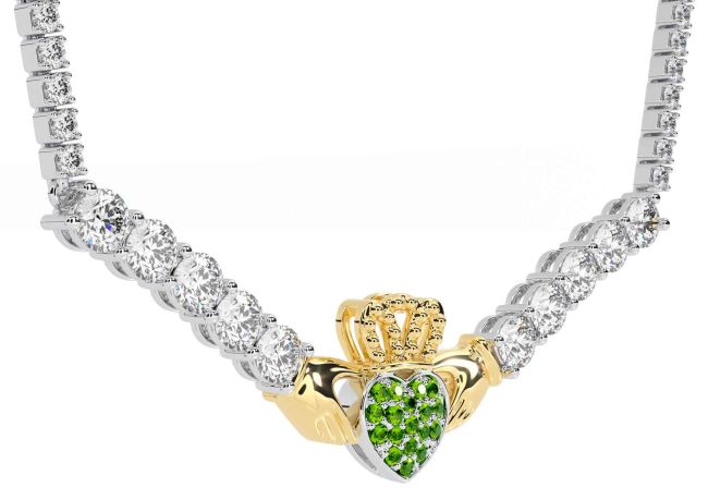 Diamond Peridot Gold Silver Claddagh Necklace