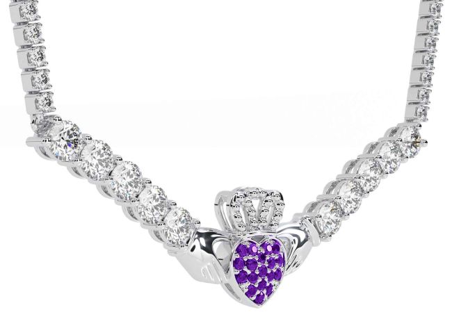 Diamond Amethyst Silver Claddagh Necklace