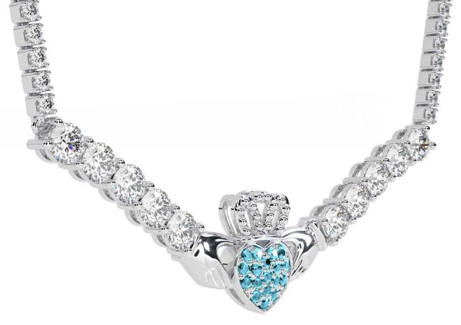 Diamond Aquamarine Silver Claddagh Necklace