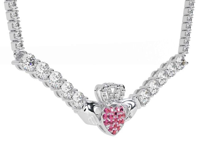 Diamond Pink Tourmaline Silver Claddagh Necklace
