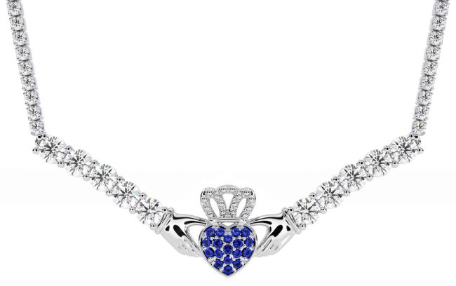 Diamond Sapphire Silver Claddagh Necklace