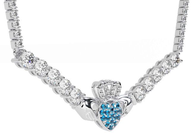 Diamond Topaz Silver Claddagh Necklace