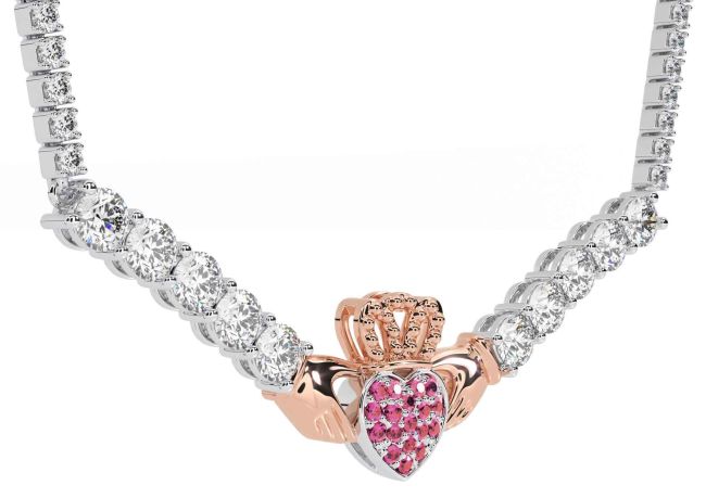 Diamond Pink Tourmaline Rose Gold Silver Claddagh Necklace