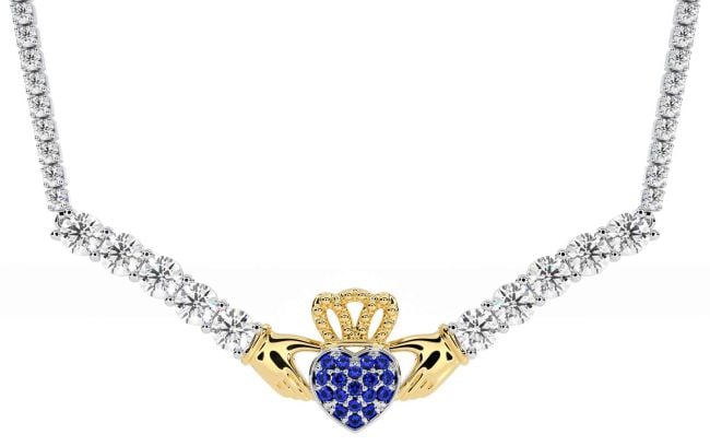 Diamond Sapphire Gold Silver Claddagh Necklace