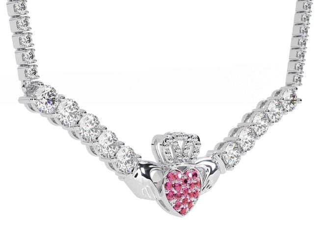 Diamond Pink Tourmaline White Gold Claddagh Necklace