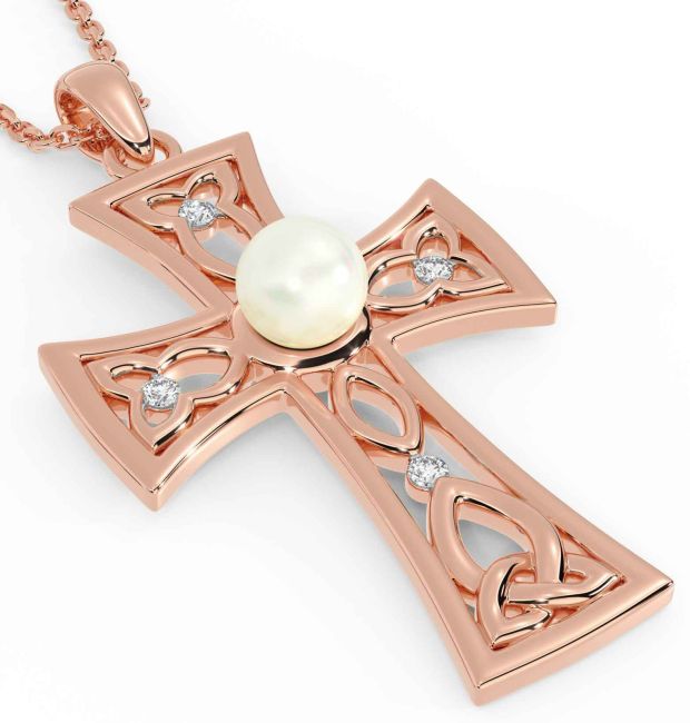 Pearl Diamond Rose Gold Silver Celtic Cross Trinity Knot Necklace