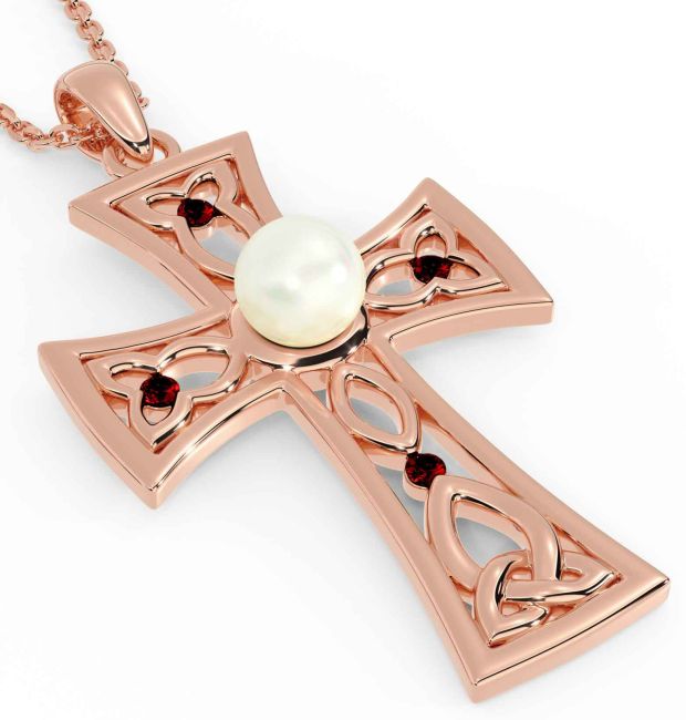 Pearl Garnet Rose Gold Celtic Cross Trinity Knot Necklace