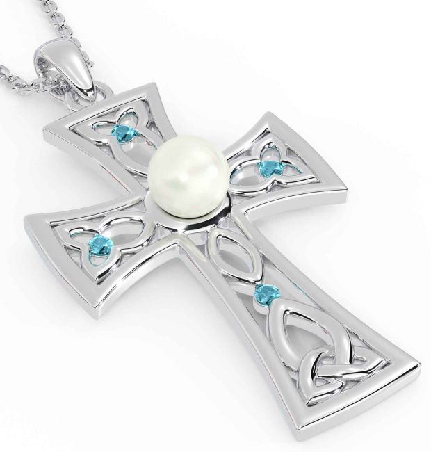 Pearl Aquamarine Silver Celtic Cross Trinity Knot Necklace