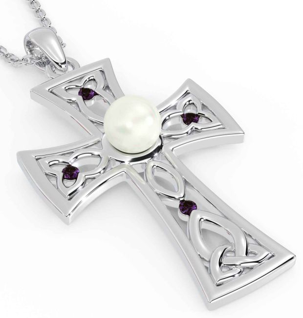 Pearl Alexandrite Silver Celtic Cross Trinity Knot Necklace