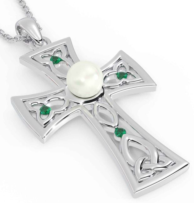 Pearl Emerald Silver Celtic Cross Trinity Knot Necklace