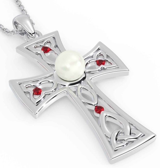 Pearl Ruby Silver Celtic Cross Trinity Knot Necklace