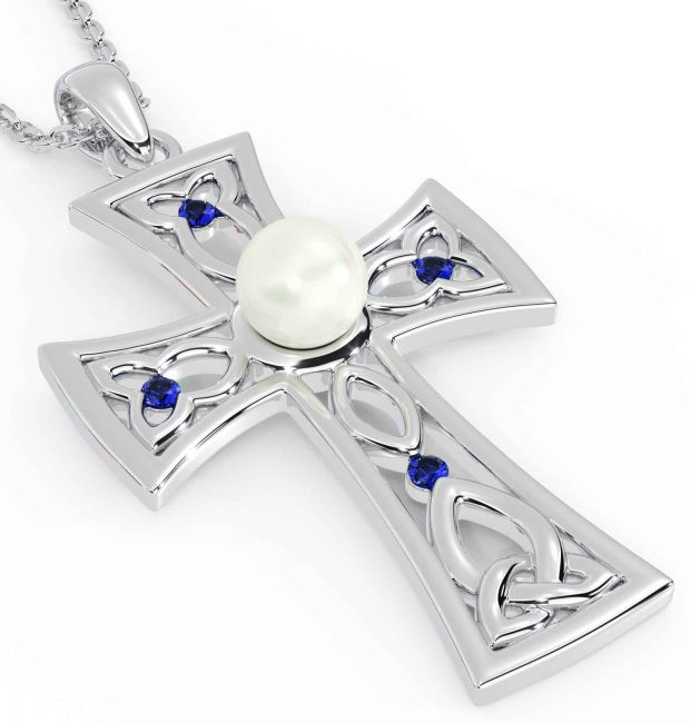 Pearl Sapphire Silver Celtic Cross Trinity Knot Necklace