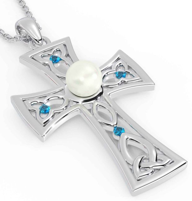 Pearl Topaz Silver Celtic Cross Trinity Knot Necklace