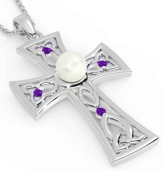 Pearl Amethyst White Gold Celtic Cross Trinity Knot Necklace