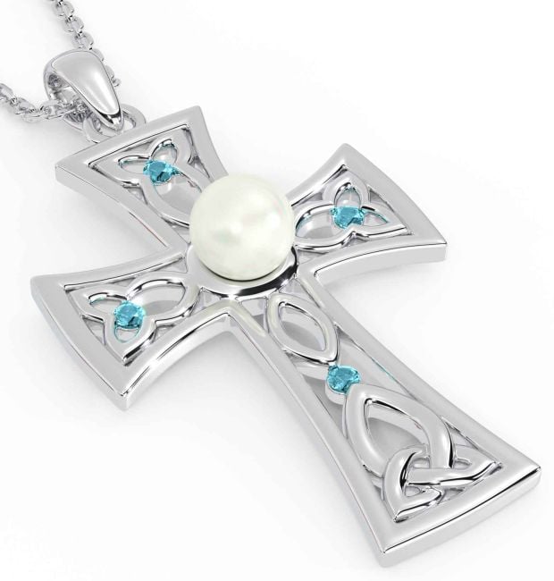 Pearl Aquamarine White Gold Celtic Cross Trinity Knot Necklace