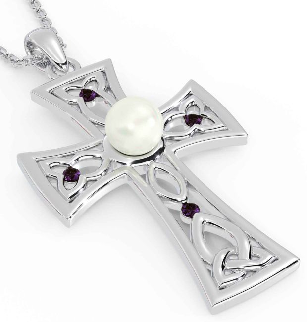 Pearl Alexandrite White Gold Celtic Cross Trinity Knot Necklace