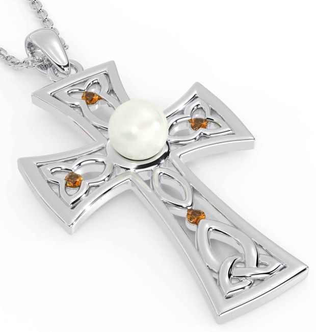 Pearl Citrine White Gold Celtic Cross Trinity Knot Necklace