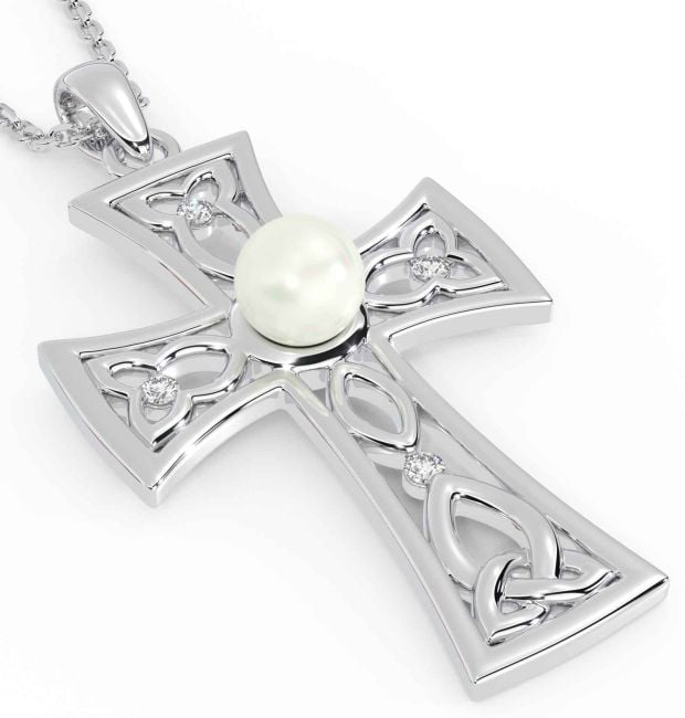 Pearl Diamond White Gold Celtic Cross Trinity Knot Necklace