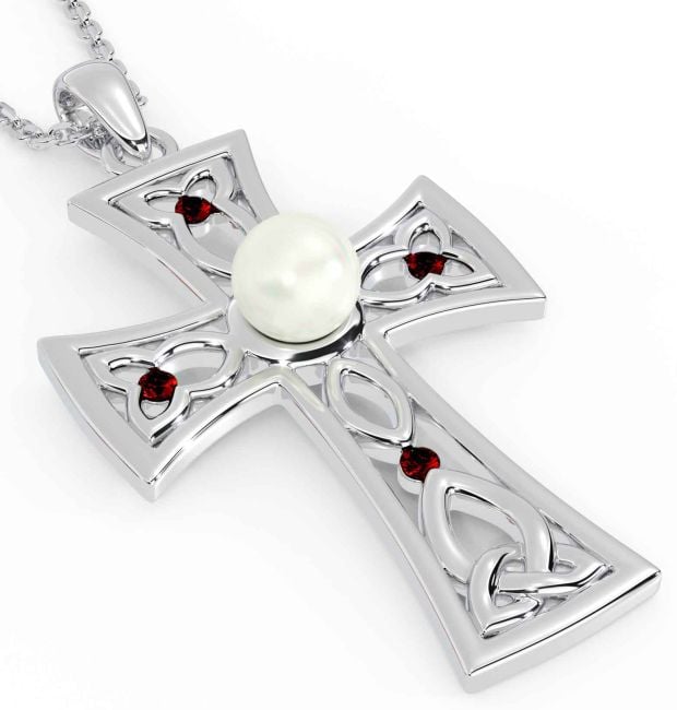 Pearl Garnet White Gold Celtic Cross Trinity Knot Necklace