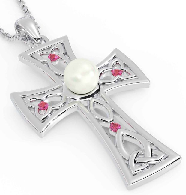 Pearl Pink Tourmaline White Gold Celtic Cross Trinity Knot Necklace