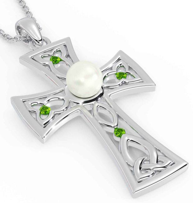 Pearl Peridot White Gold Celtic Cross Trinity Knot Necklace