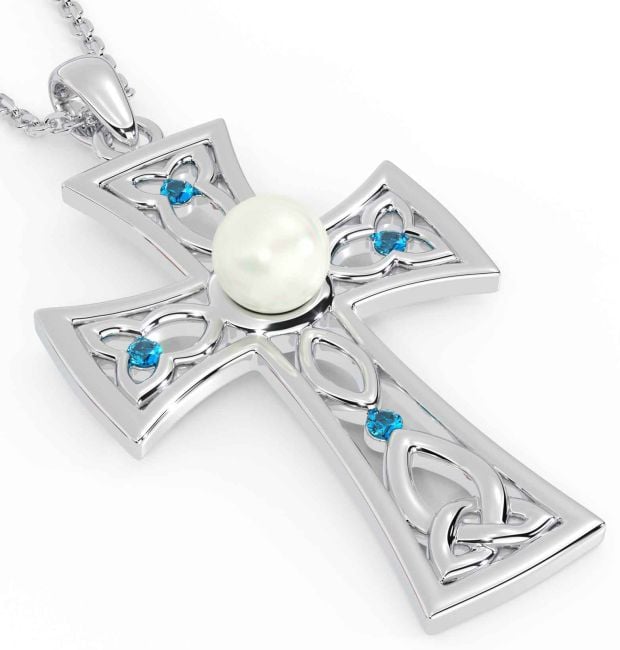 Pearl Topaz White Gold Celtic Cross Trinity Knot Necklace