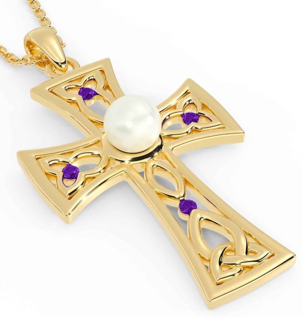 Pearl Amethyst Gold Celtic Cross Trinity Knot Necklace