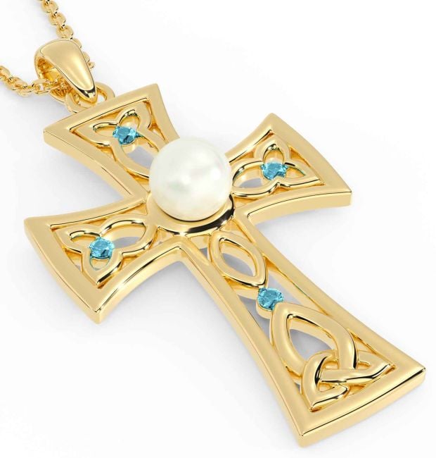 Pearl Aquamarine Gold Celtic Cross Trinity Knot Necklace