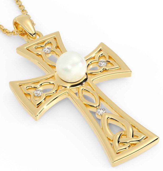 Pearl Diamond Gold Celtic Cross Trinity Knot Necklace