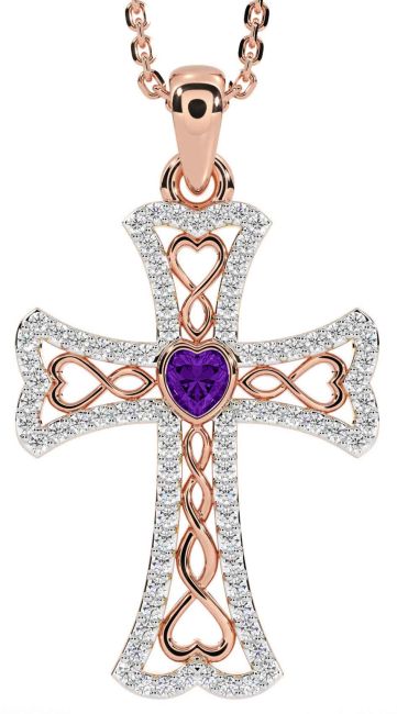 Diamond Amethyst Rose Gold Silver Celtic Cross Necklace